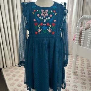 Teal Floral Embroidered Kids Dress